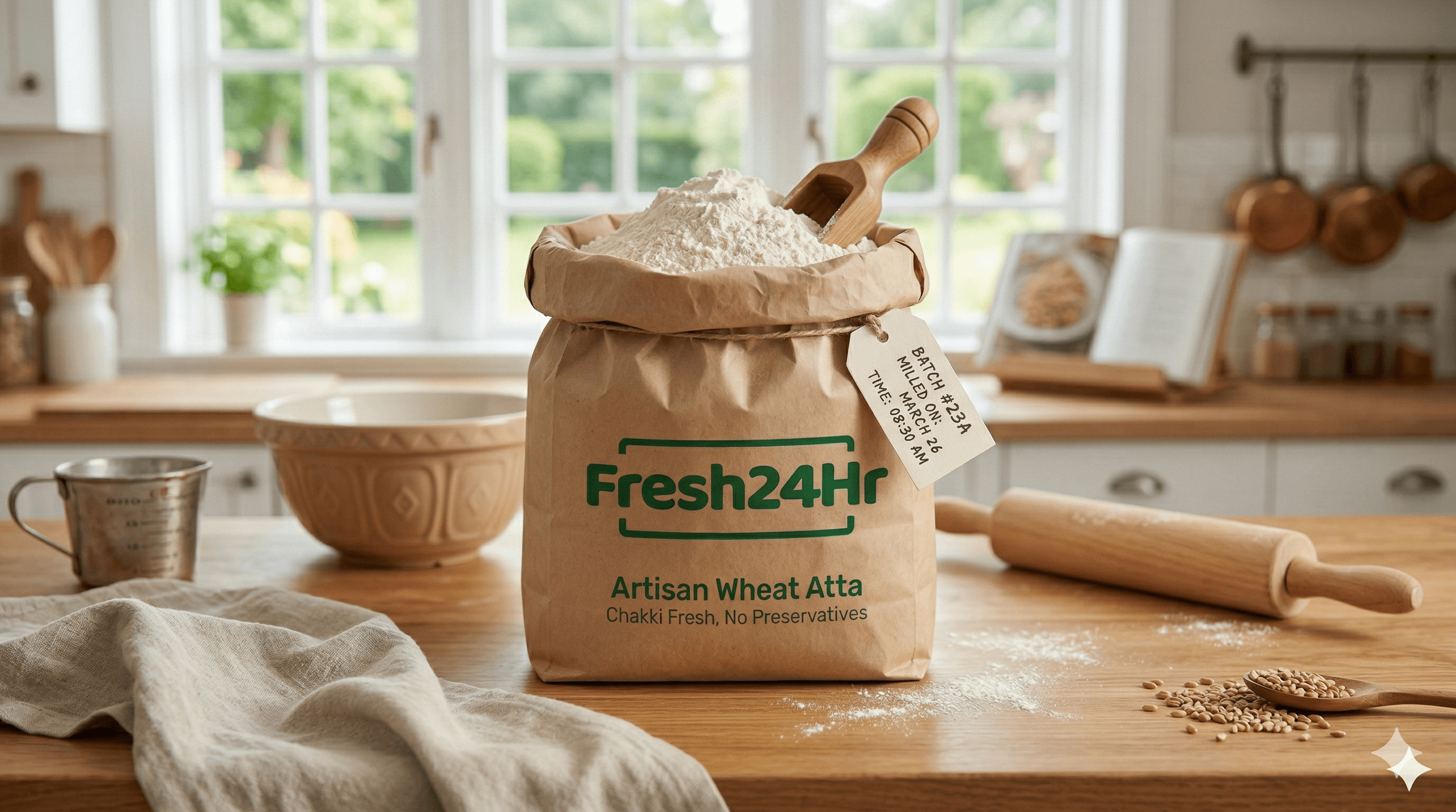 Fresh24Hr artisan wheat atta bag on a wooden kitchen counter